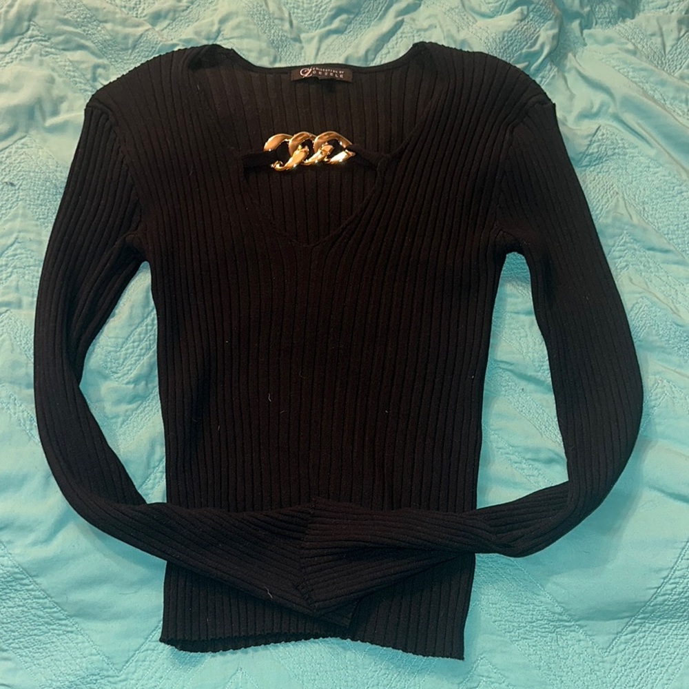 Black Ribbed Sweater with Gold Chain Detail